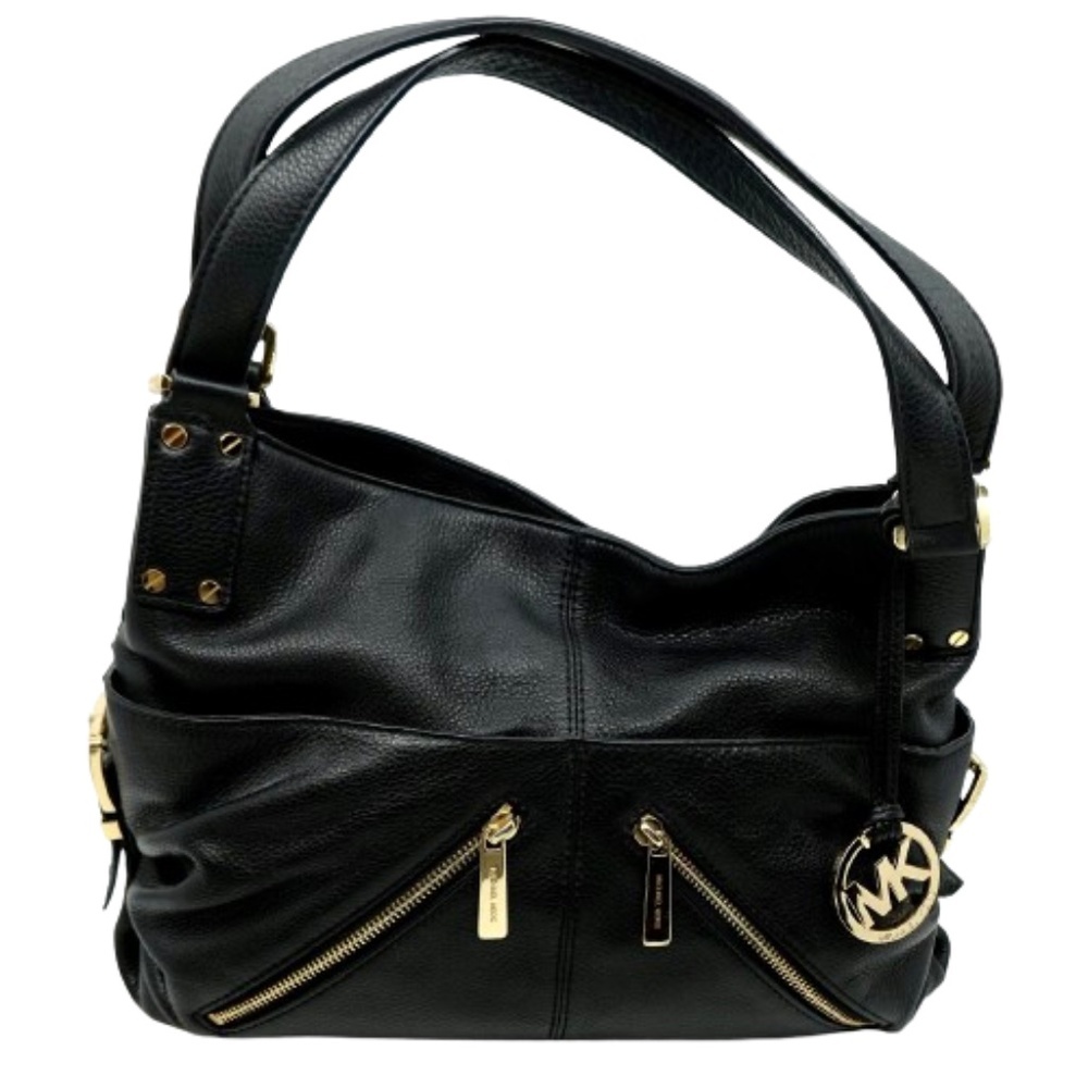 MICHAEL Michael Kors Black Leather Shoulder Bag with Gold Hardware